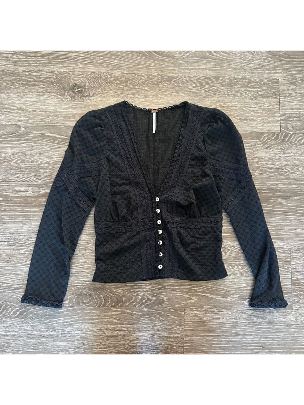 Free People Kika Top XS Black Lace Button Down V Neck Sexy Whimsygoth Feminine